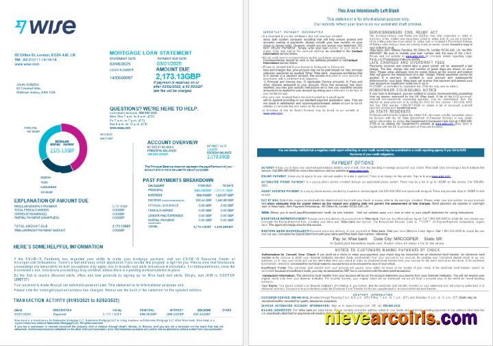 United Kingdom Wise bank mortgage loan statement, 4 pages 1-2